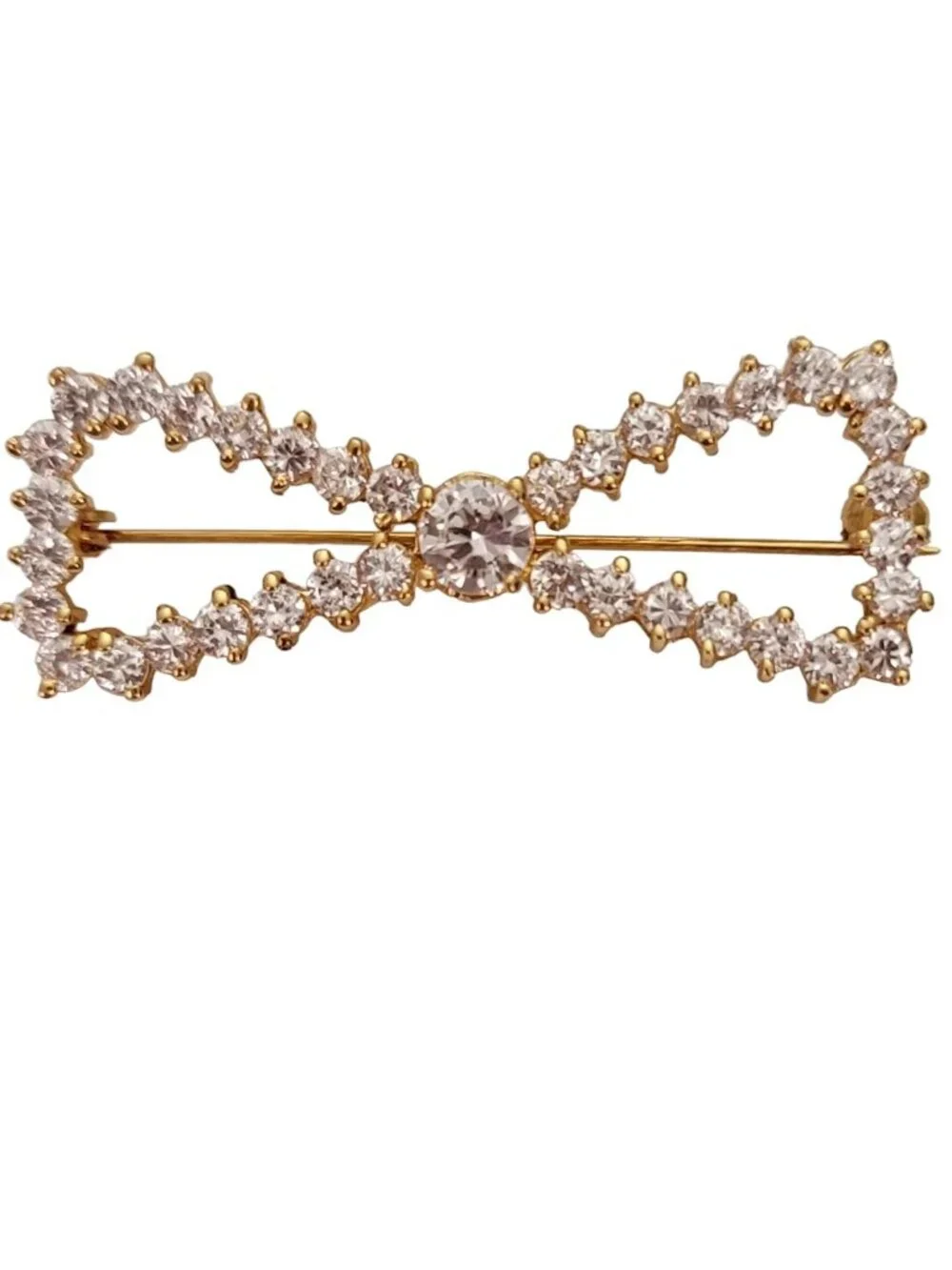 Sterling Silver Gold Vermeil Clear Crystal Rhinestone Bow Brooch Pin E244